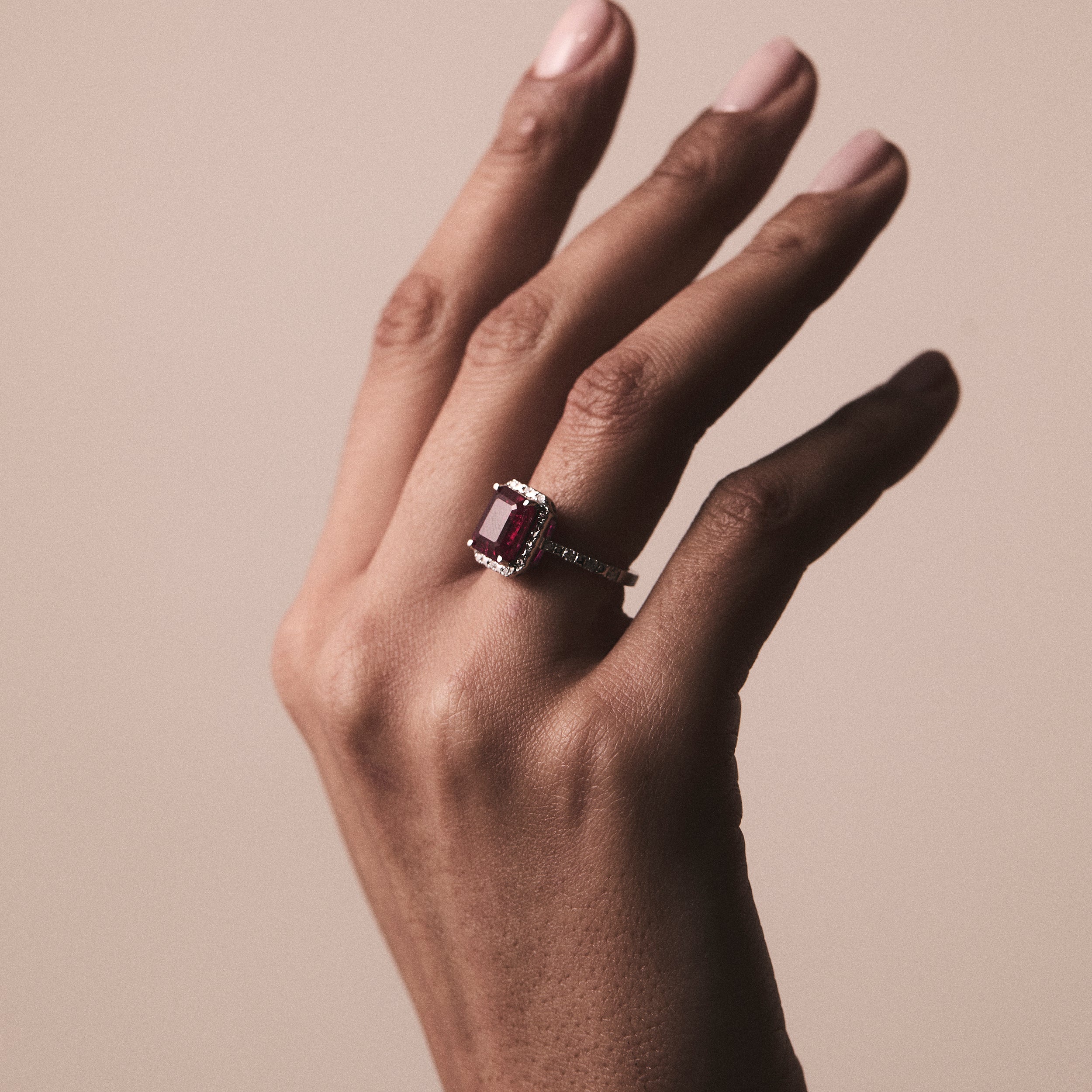 Astra 1.90ct Lab Ruby and Diamond Halo Shoulder Set Octagon Cut Ring in Silver